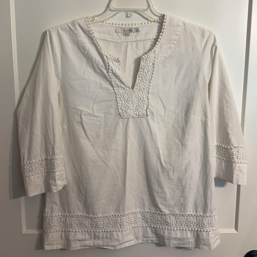 Boden Tunic Blouse Sz 12 White Crochet Trim 3/4 Sleeve Boho Top Resort Beach